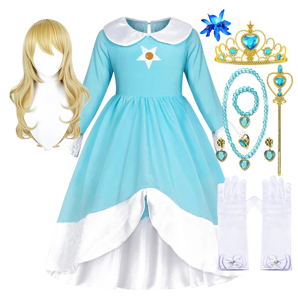 Rosalina Dress Girls Peach Game Princess Cosplay Costume Girls Cute Lolita Dress Fancy Halloween Carnival Wig Uniforms Clothing