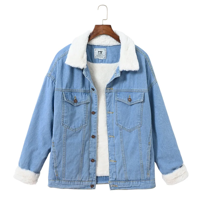 Winter Fleece Denim Jacke Für Frauen Revers Einreiher Patchwork Blau Jacken Amerikanischen Casual Mode Einfachen Dicken Mantel