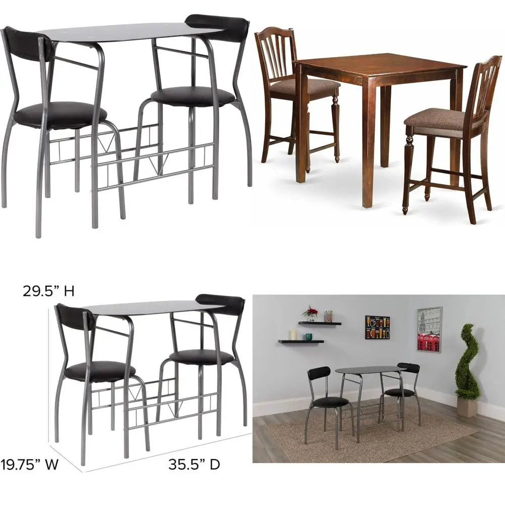 ガラス天板テーブルとパッド入りビニールチェア付きの3ピースコンパクトビストロセット