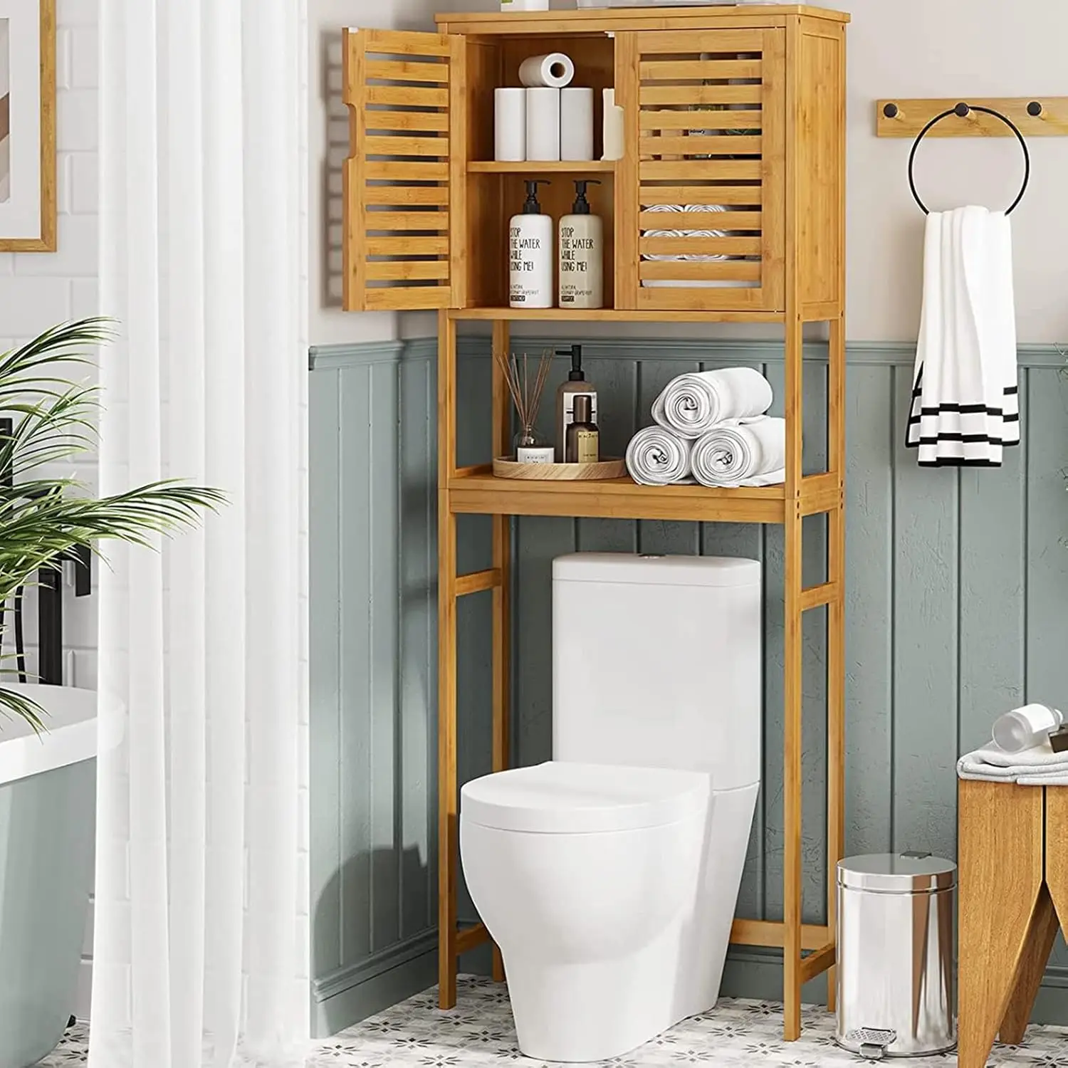 Freestanding Toilet Storage Cabinet with Adjustable Shelves, Bamboo Bathroom Organizer for Laundry Room and Balcony