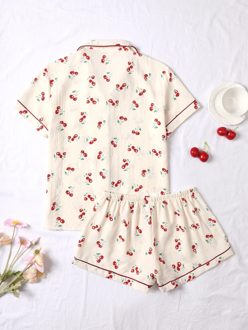 Women's Cute Cherry Print Pajama Set Short Sleeve Lapel Top And Soft Elastic Shorts Relaxed Fit For Summer Sleepwear Homewear