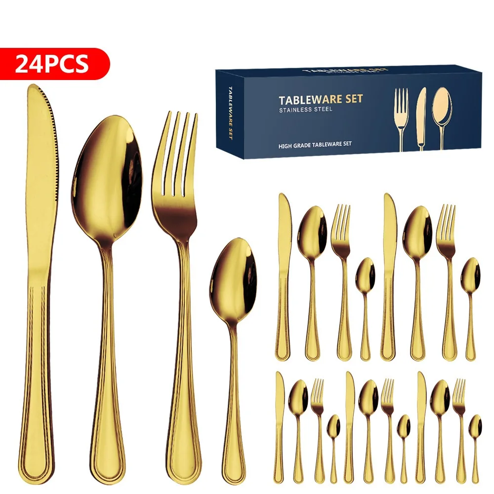 24 PCS Gold Double Line Handle Style Tableware Set Wide Blade Steak Fork Coffee Spoon Dinnerware Safety Kitchen Table Props Set