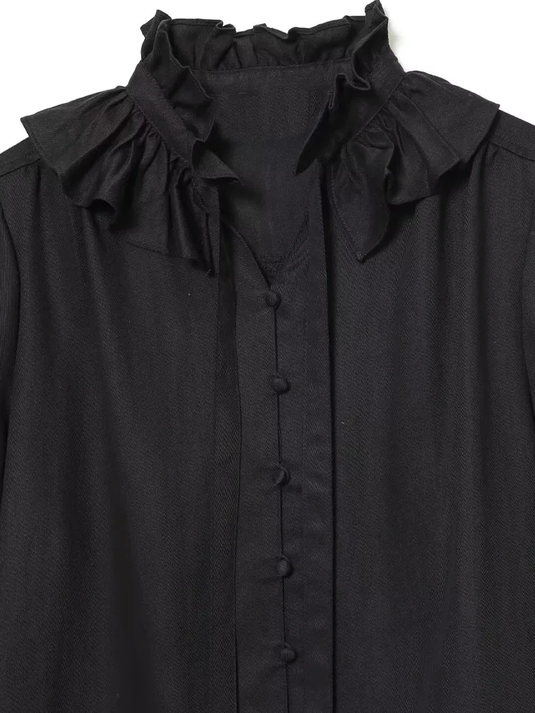 DiYiG KOBIETA 2025 Zima Nowa Moda Bluzka z Falbankami i Warstwowym Kołnierzem Retro Rękawki z Rogami Uniwersalna Zapinana na Guziki Casualowa Bluzka Mujer