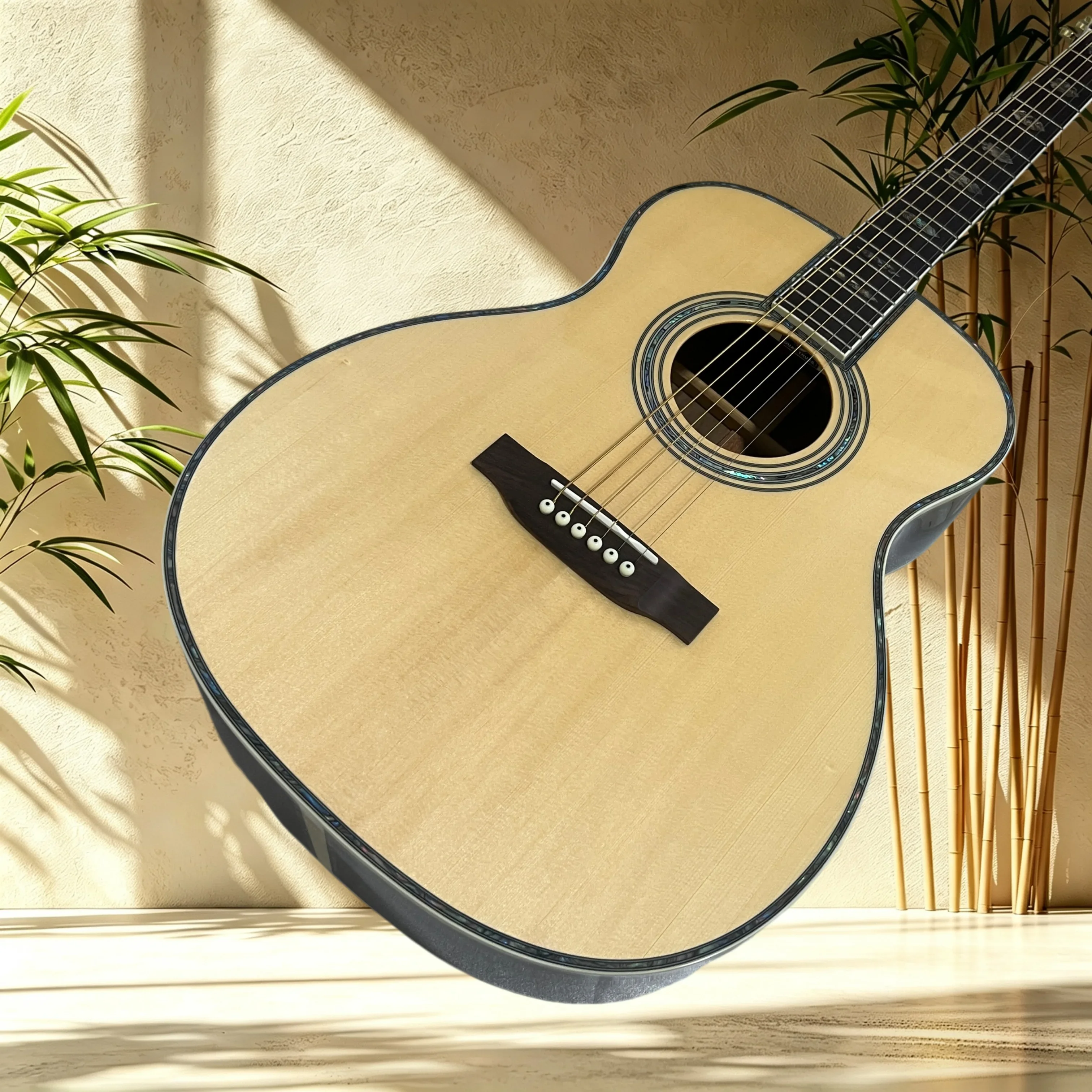 39 Inch OM45 Natural Acoustic Guitar Spruce Top Rosewood Back Sides Shell Inlay Singing Fingerstyle Rehearsal Recording Stage