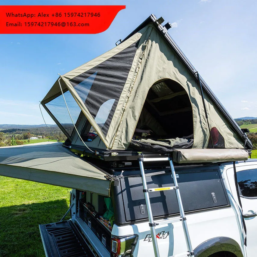 

Camping Triangle Car Rooftop Tent Hard Clamshell Black Gray Aluminum 2 Person Hard Shell Roof Top Tent