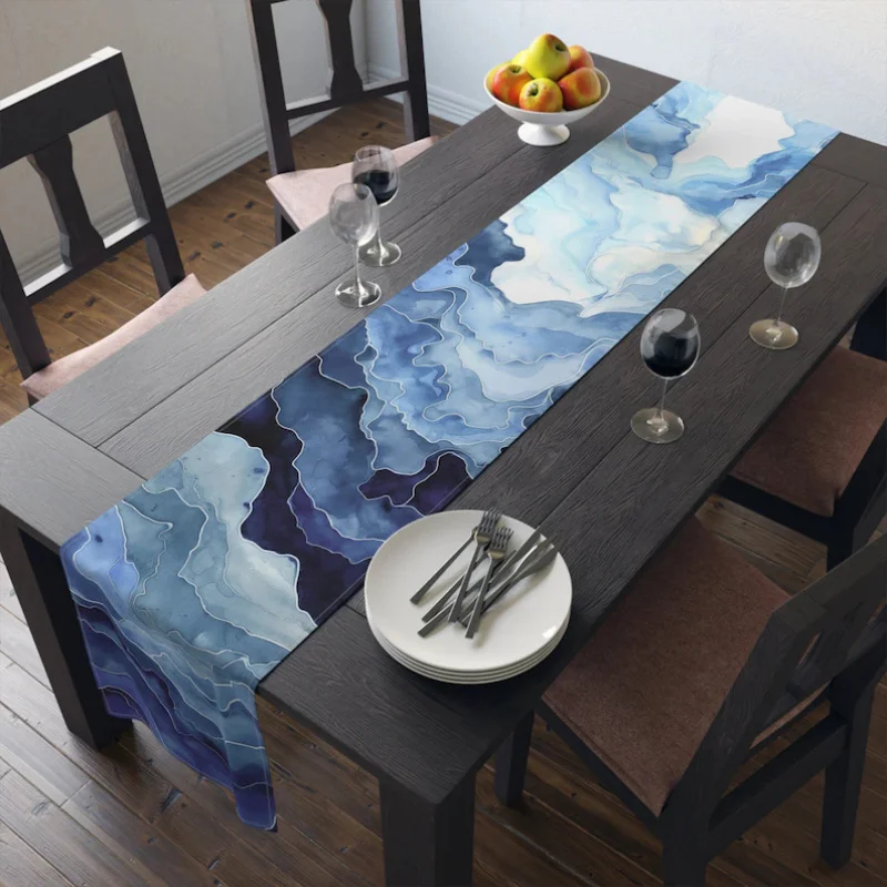 VIKAMA Gradient Blue Ocean Watercolor Table Runner Mediterranean Coastal Style Dining Table Runner Home Party Wedding Decor