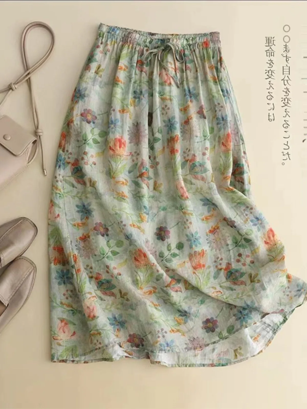 تنورة ميدي عالية الخصر على شكل حرف a من القطن والكتان بطبقة مزدوجة مطبوعة بالزهور تنورة فنية f للسيدات لصيف 2023