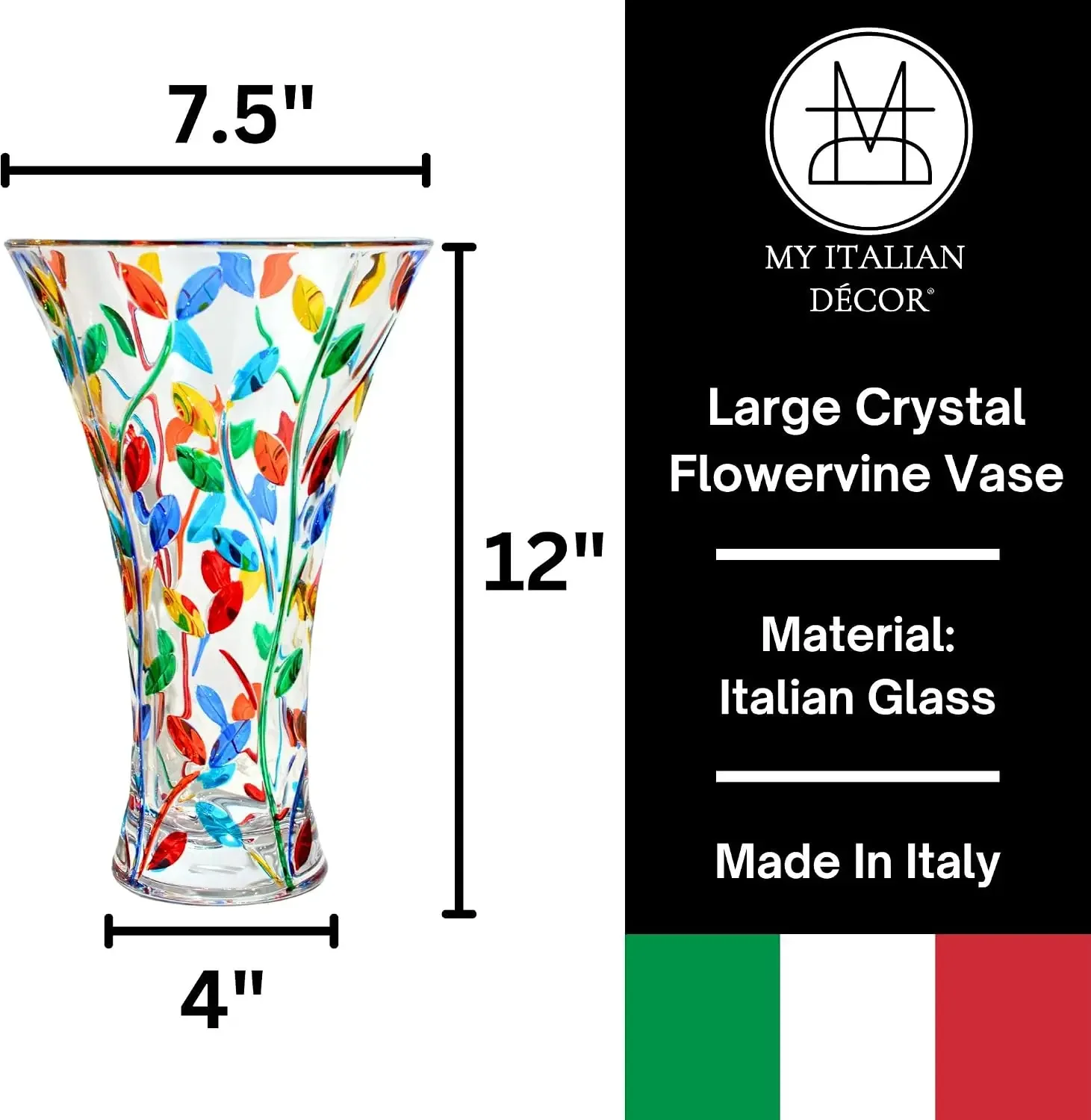 Hand-Painted Flowervine Crystal Trumpet Vase, Large | Large 12-inch clear crystal trumpet vase handmade in Italy. Features a bea