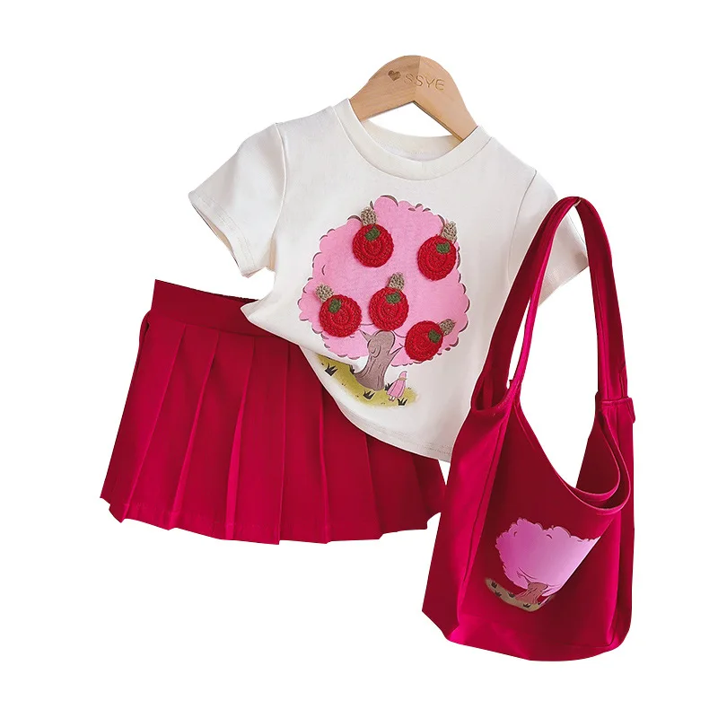 Free Bag Baby Girls Short-sleeved Apple Tree T-shirt Skirt Summer Cartoon Print Tops Shirts Pleated Skirt 3pcs Clothing Sets