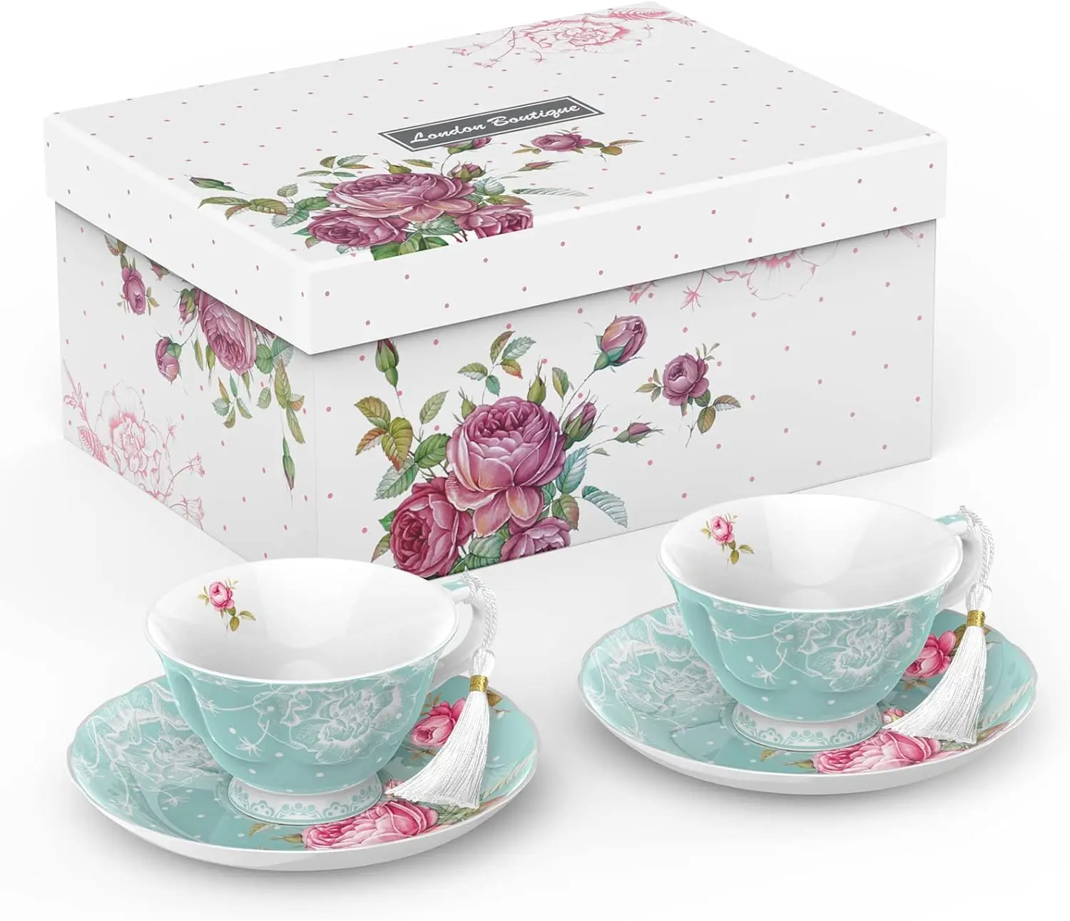 

Tea Cup and Saucer Set 2 Afternoon Tea Set New Bone China Vintage Flora Gift Box 200m (Turquoise)