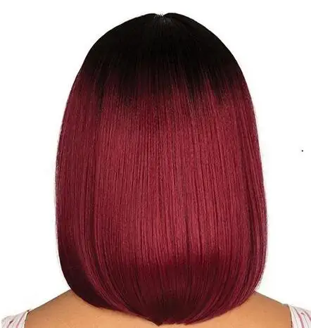 Dyed midsection wig female short straight hair black gradient Burgundy Bob synthetic fiber high temperature silk full head cover