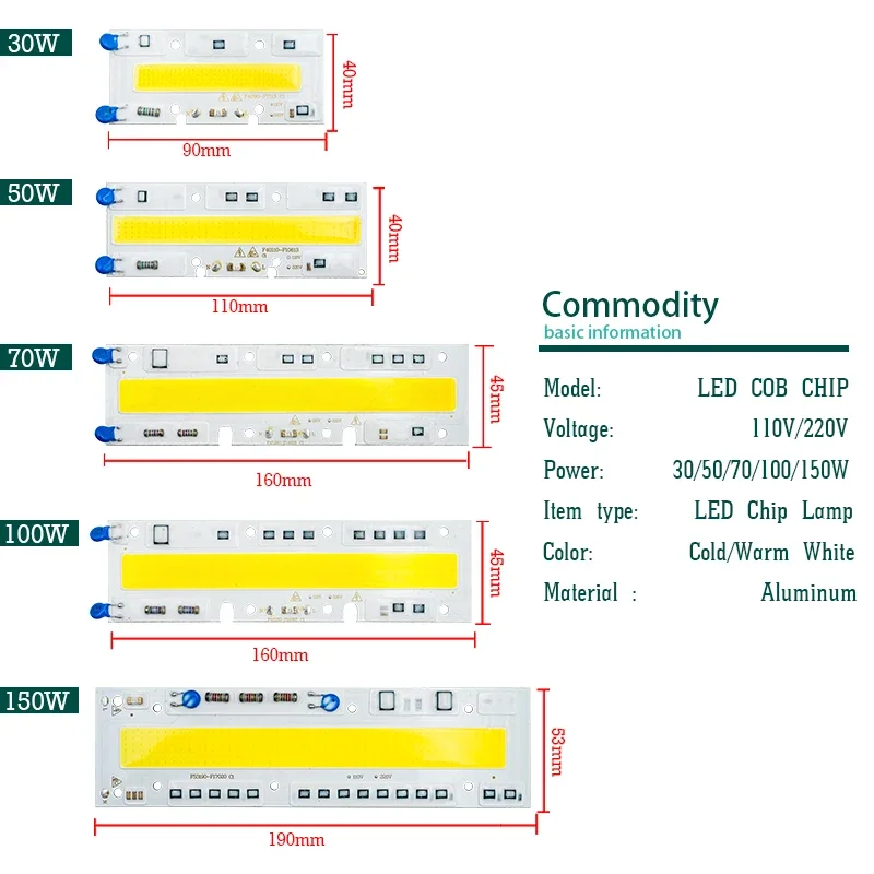 10pcs/lot LED Chip 100W 50W 30W 20W 10W COB Chip LED Lamp AC 220V 110V No Need Driver for Flood Light Spotlight Lampada Lighting