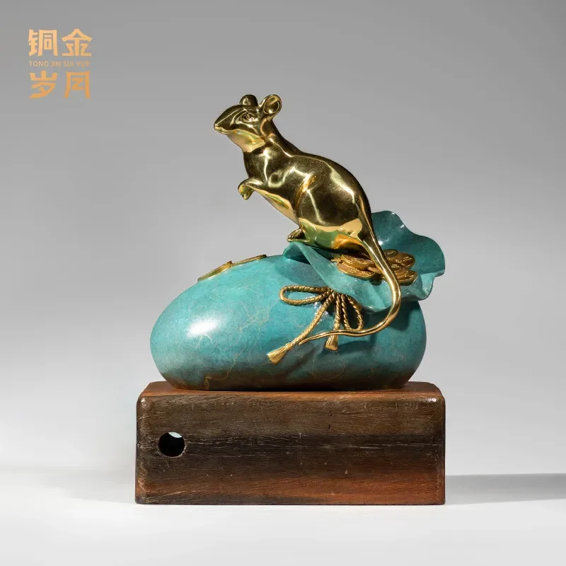 Handmade Brass Square Kangaroo Statue Lucky Rat Figurine Copper Carving Art Ornament for Living Room Entrance Study Home