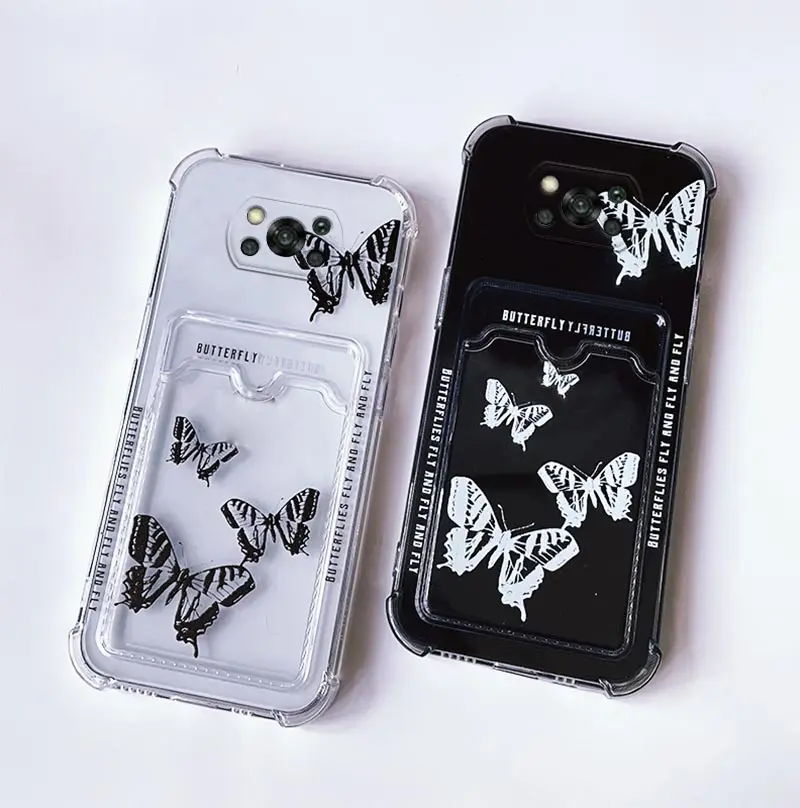 POCOX3 Transparent Card Slot Holder Phone Case On For Xiaomi Mi Poco X3 Nfc Pro X 3 Gt 5g Poko X3pro Butterfly Pocket Bag Cover