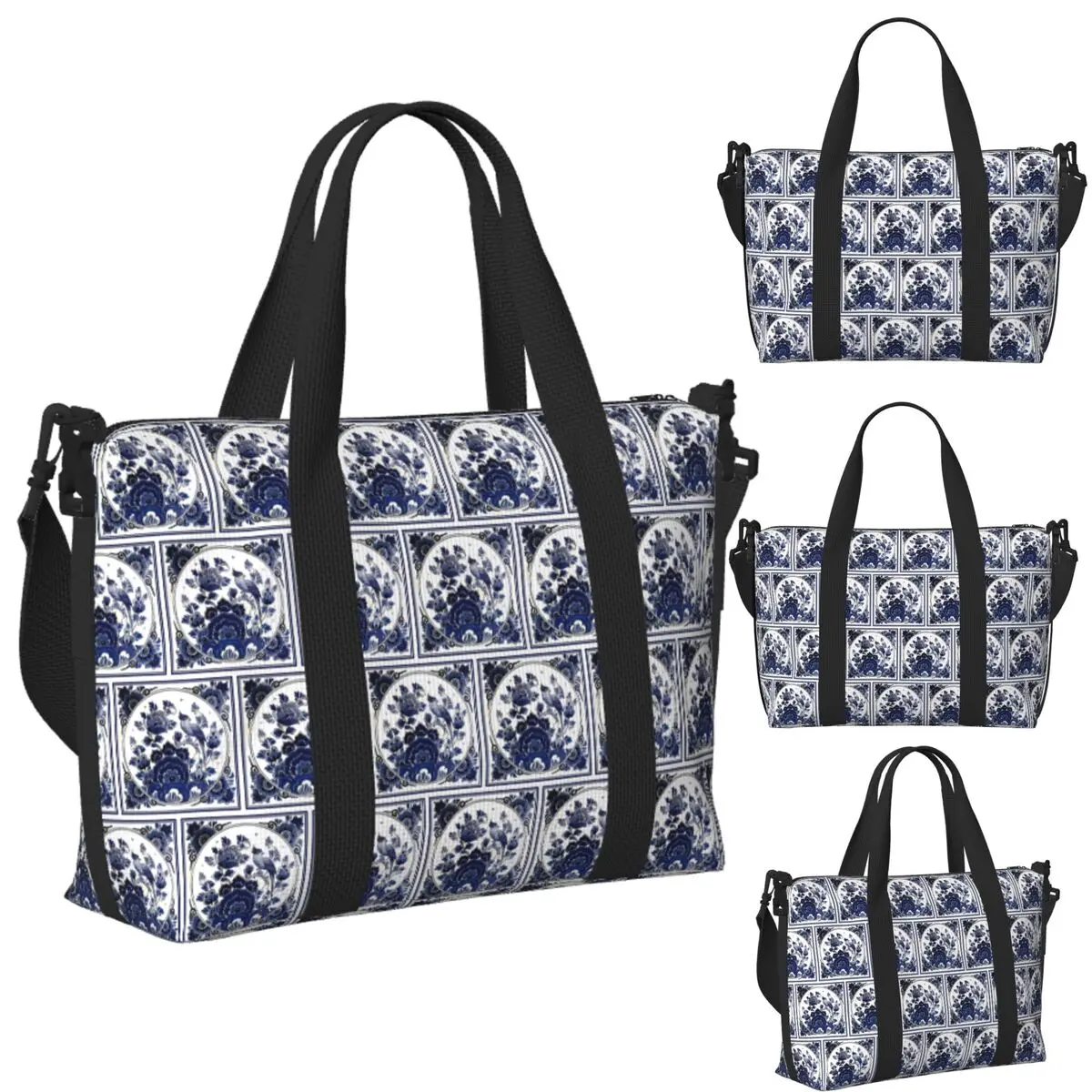 

DUTCH BLUE DELFT Vintage Blue Bird And Flowers Print Beach Travel Bag Tote Bags for Gym Sport Women Shopping Duffle Shoulder Bag
