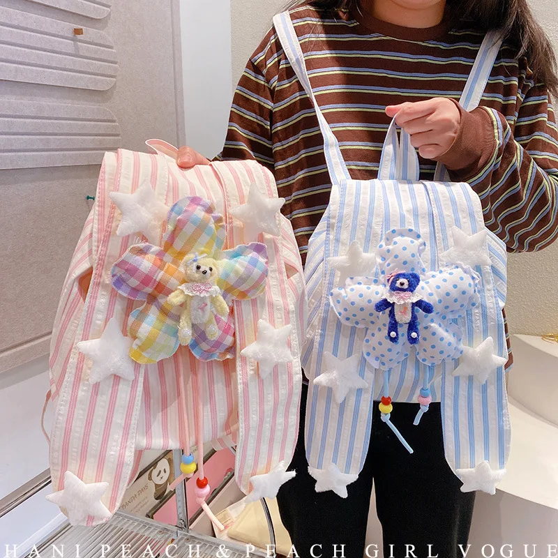 

Polyester Striped Rabbit Ear Backpack Preppy Style Romantic Spring School Bag Cute Girlish Heart Bookbag