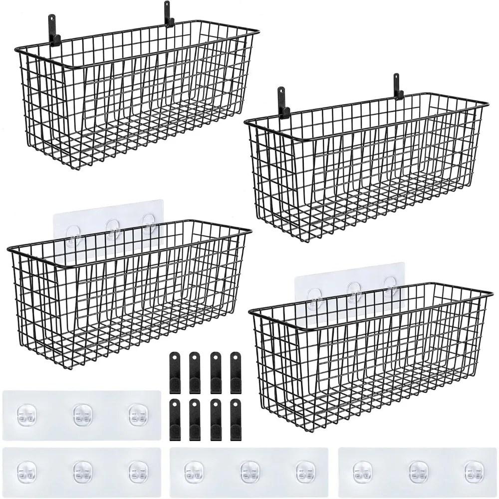 

4 Set Hanging Wall Mount Storage Baskets with Adhesive Hooks & Steel Hooks, Multiuse Sturdy Wire Metal Organizing Baskets