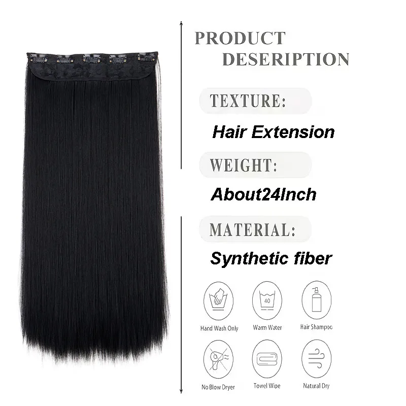 24Inch One Piece Synthetic Long Straight Hair Extensions Clip‑in Design Easy Install Full Head Hairpiece for Women Daily Style