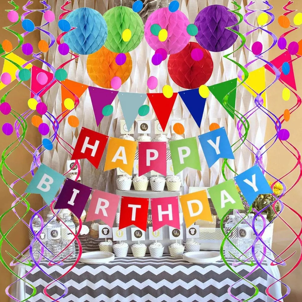 

Party Decorations, Happy Birthday Banner, with Colorful Paper Flag Bunting Paper Circle Confetti Garland Swirl,Party Decorations