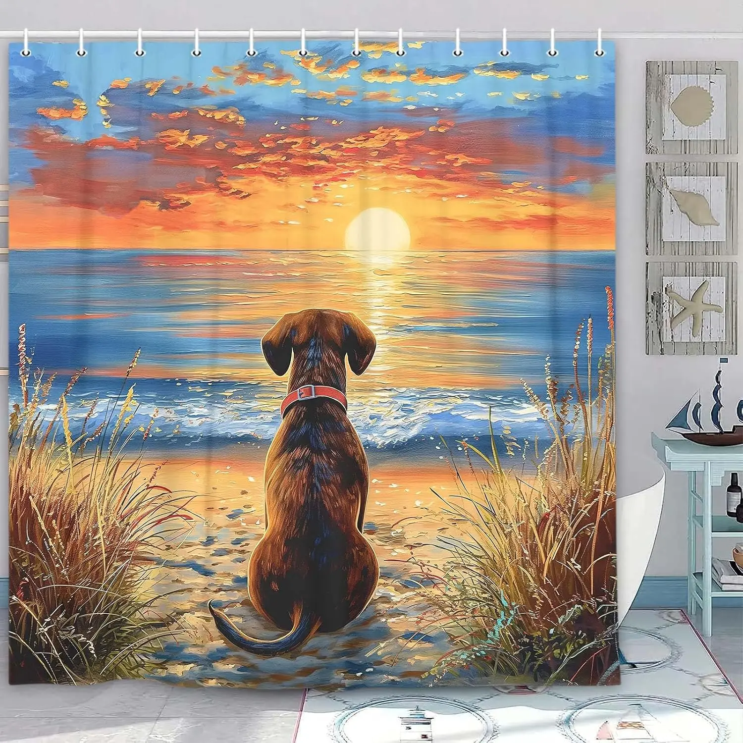 Sunset Dog Beach Shower Curtain, Golden Retriever Ocean View Bath Decor, Scenic Pet Art, Waterproof Polyester Fabric