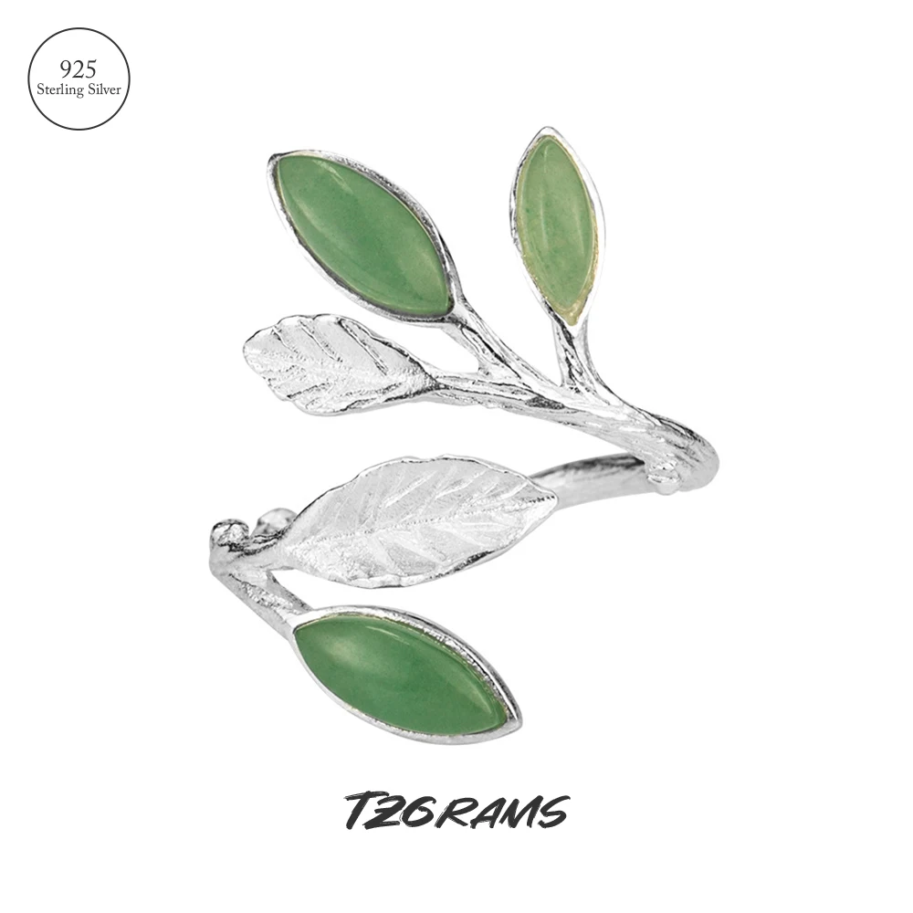 TZGrams 925 Sterling Silver Leaf Ring With Jade Women Retro Open Ring Direct Deal Aesthetic Birthday Jewelry Gift