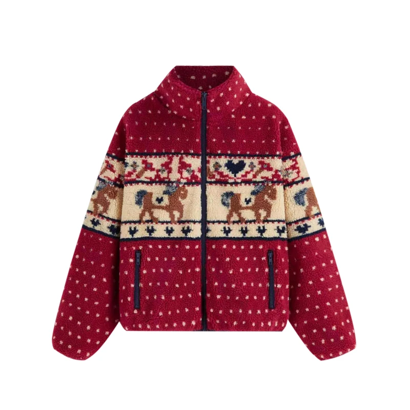 سترة صوفية نسائية غير رسمية لعام 2025 سترة مطبوعة للخريف والشتاء معطف قصير لحفلة عيد الميلاد ملابس خارجية فضفاضة بسحاب جديد #5