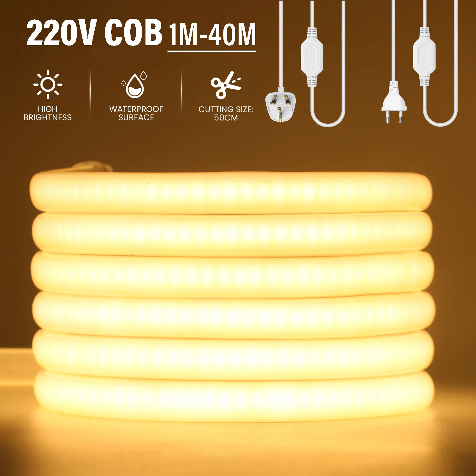 

1M-40M 220V COB LED Neon Strip Light 288LEDs/m RA90 Waterproof LED Tape Flexible Outdoor Lamp For Room Kitchen With EU UK Plug