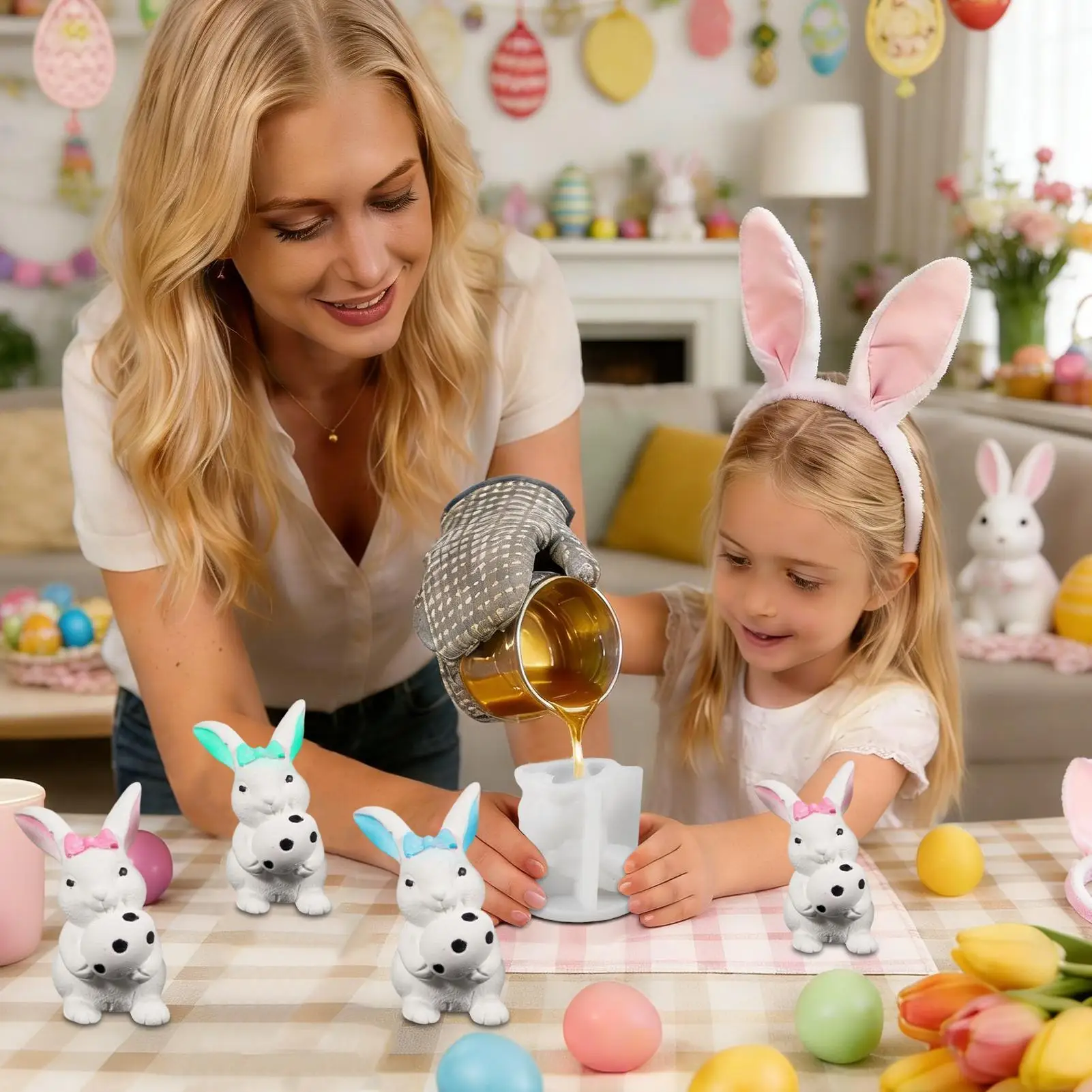 

Rabbit Mold 3D Concrete Ornaments Art Craft Bunny Hold Easter Egg Candle Making Molds For Holiday Wedding Party Table Room Home