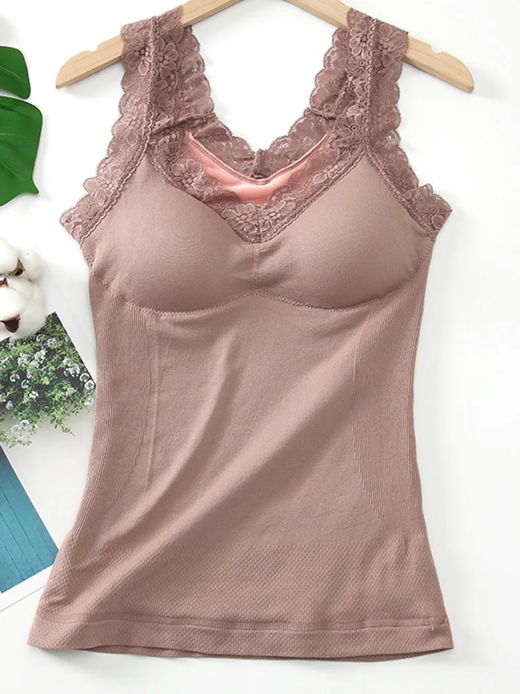 Women Winter Padded Bra Tank Top Lace Wide Strap Solid Cami Top Vest Female Camisole with Built In Bra Soft Breathable Warm Vest