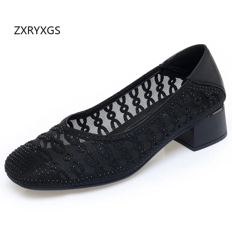 

ZXRYXGS 2026 New Trendy Summer Round Toe Women Fashion Sandals Genuine Leather Mesh Sandals Rhinestone Shoes Mid Heel Large Size