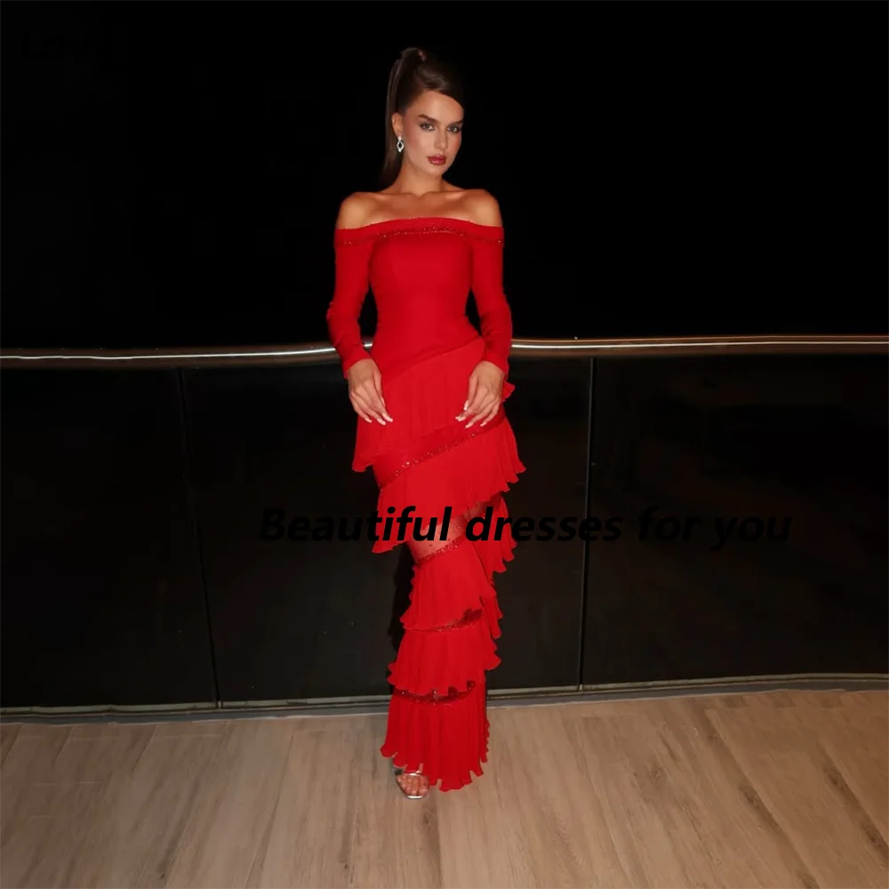Red Off The Shoulder Evening Dresses for Women Long Sleeve Crystal Beaded Tiered Ruffles Mermaid Long Prom Gown Customized