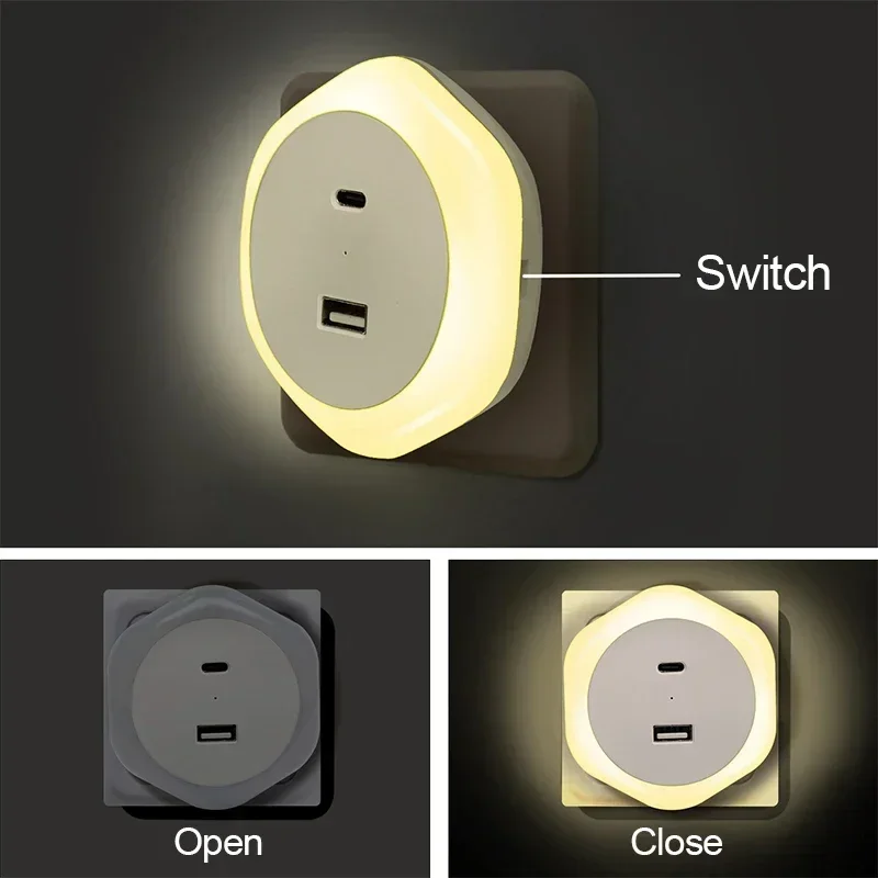 USB Plug Night Lamp EU Type-C Charger Port Auto Light Sensor Dimmable Warm White  Bedroom Hallway Stairs LED Bedside Lights