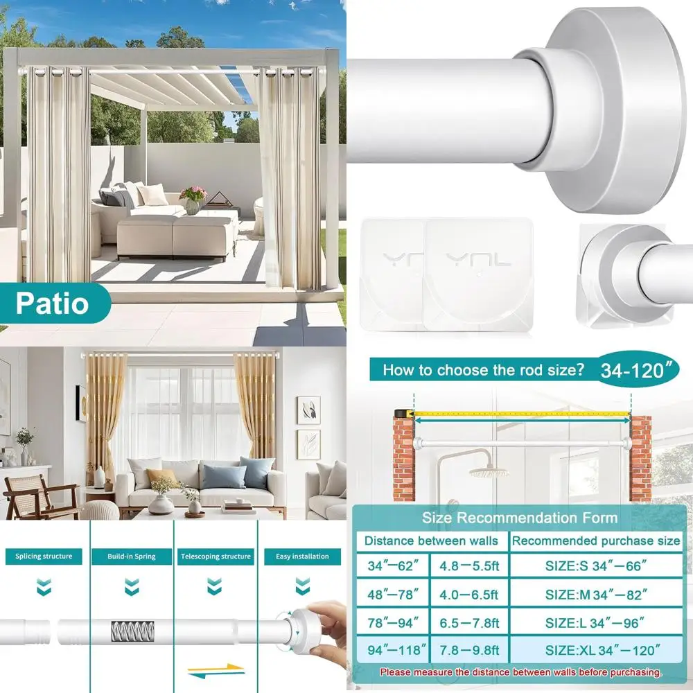 

Adjustable 36-120 Inch Tension Shower Curtain Rod, No Drilling, Rust-Resistant, Suitable for Large Windows and Outdoor Patios, S