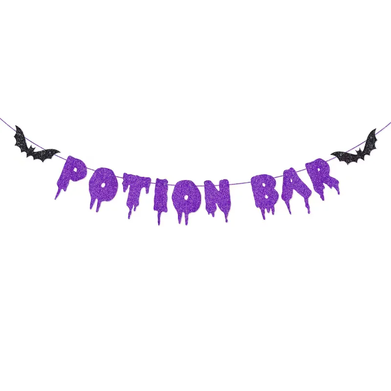 Potion Bar Banner Purple Glitter Drip Letter with Bat Garland Halloween Party Bar Decorations Photo Backdrop