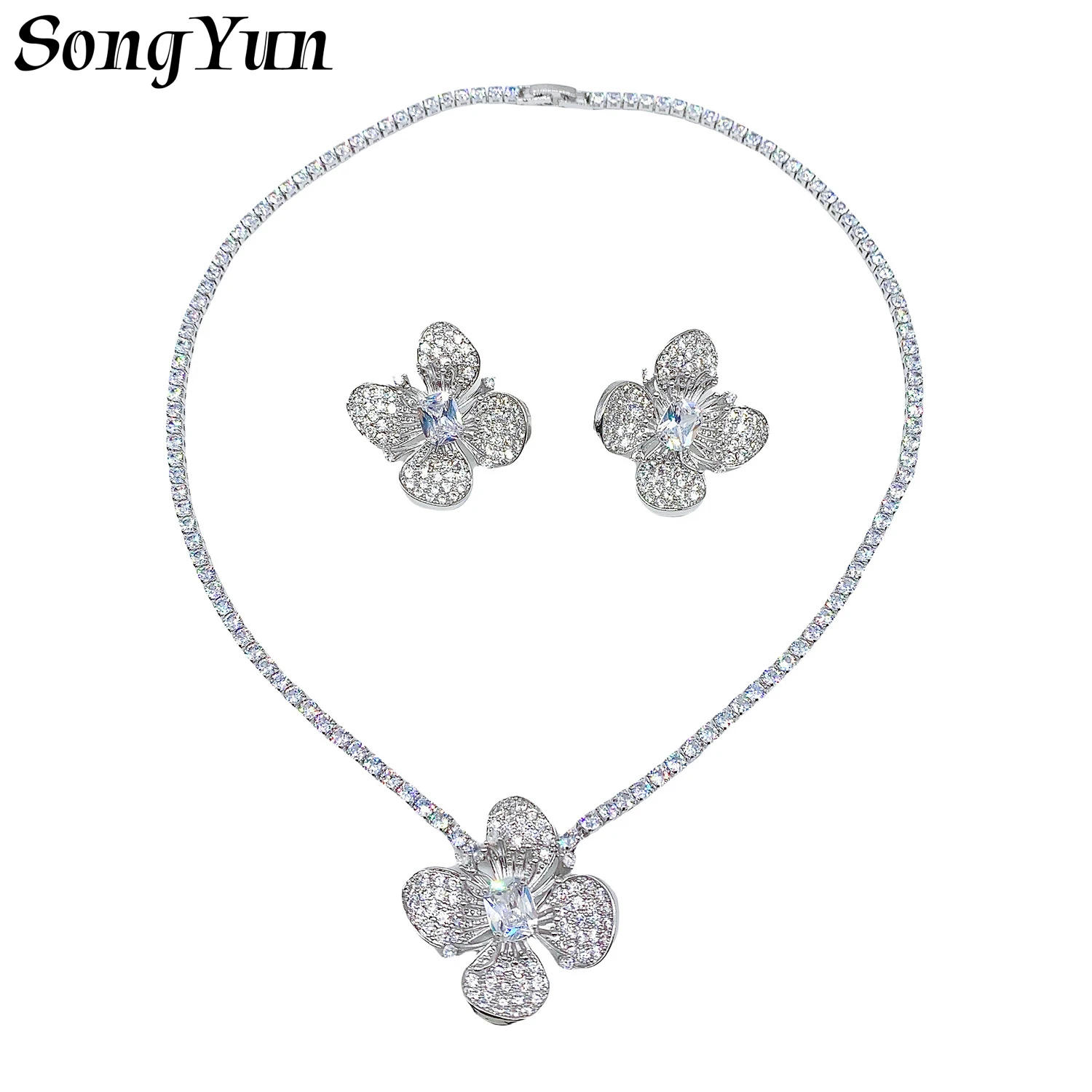 

Women Luxury Flower Necklace Earrings Set with Cubic Zirconia for Ladies Party Bridal Wedding Party Anniversary Gift Jewelry Set