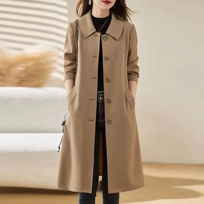 

Trench Women Mid Length Coats Turn Down Collar Full Sleeve Coat Slim Fit Single Breasted Jackets Elegant Splice Autumn 2025