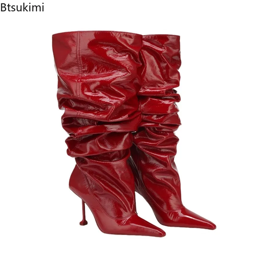 

Women's Spring and Autumn Large Walled High Heels Knee High Pleated Boots Fashionable Pointed Sleeves Ladies Mid Length Boots