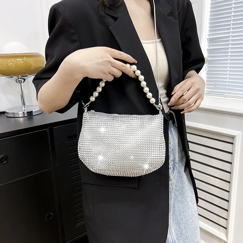 Shining Crystal Ladies Handbags Gold Silver Color Fashion Chain Shoulder Bags For Women Banquet Party Clutches Pearl Handbags