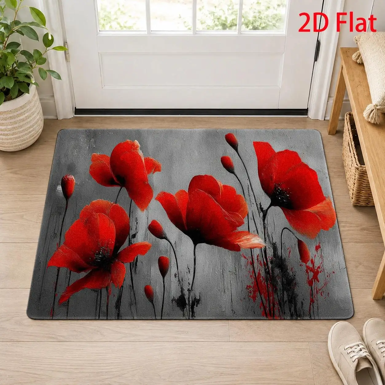 Bohemian Red Poppy Floral Art Polyester Rug Mat for Home Decor Living Room Entryway Runner Carpet Modern Aesthetic Durable