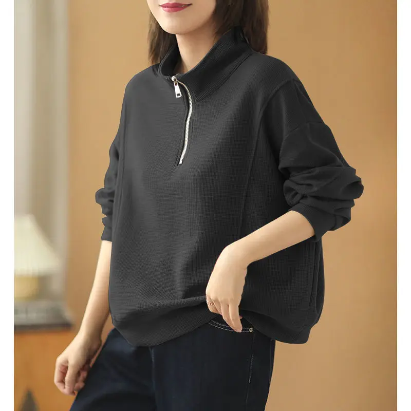 Waffle Zipper Sweater for Women in Spring and Autumn New Korean Version Loose Style Stand Collar Top Long Sleeve Cotton Material