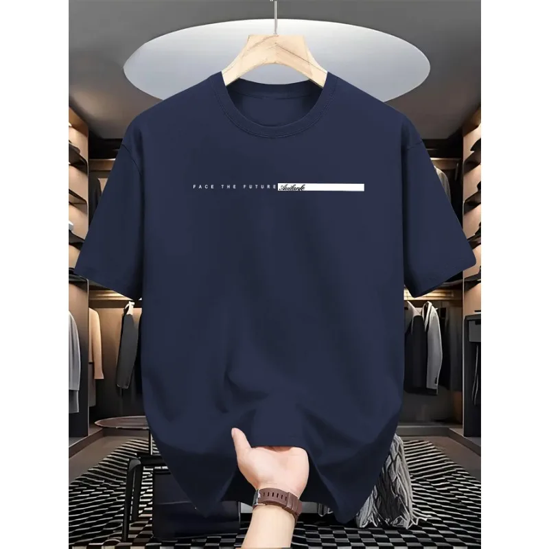 Summer Men's 100% Cotton Casual Loose T-Shirt, Large Letter Print Crew Neck Short Sleeve Top, High Street Unisex Style