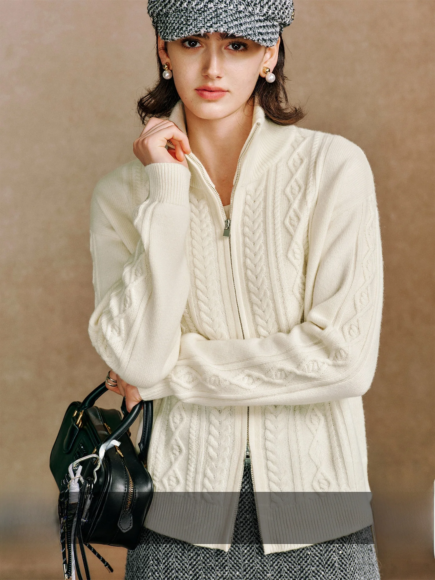 

CA Winter Thiened Knitted Camere Cardigan Women's Early Spring Double Zipper Stand Collar Open-irt Sle Long Sve