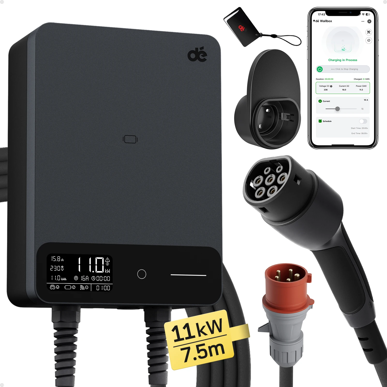 dé Wallbox 11kW met Tuya APP 5m 7,5 m 10m 15m oplaadkabel CEE naar Type 2 16A Elektrische Voertuigoplader Plug & Play LED-scherm