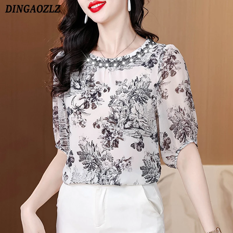 

2025 Fashion Summer Tops Round Neck Floral Printed Shirt Short Sleeved Patchwork Lace Blouse Blusa