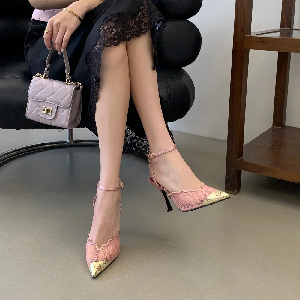 Aneikeh Elegant White Lace Slingback Stiletto Heels Pointed Toe Ankle Strap Buckle Sandals Wedding Party Ladies Dress Pumps