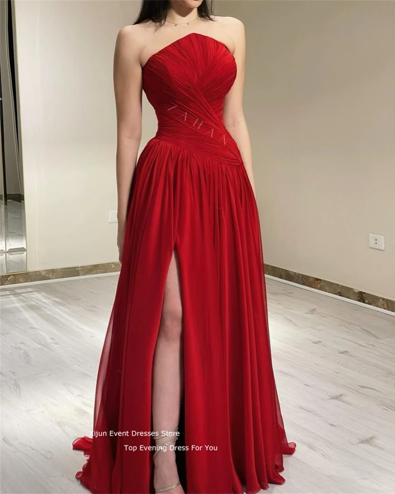 Xijun Red Chiffon Prom Dresses Sleevelesss Maxi Prom Gowns Formal Party Elegant Gowns SIde Slit Evening Dress For Women Long2023