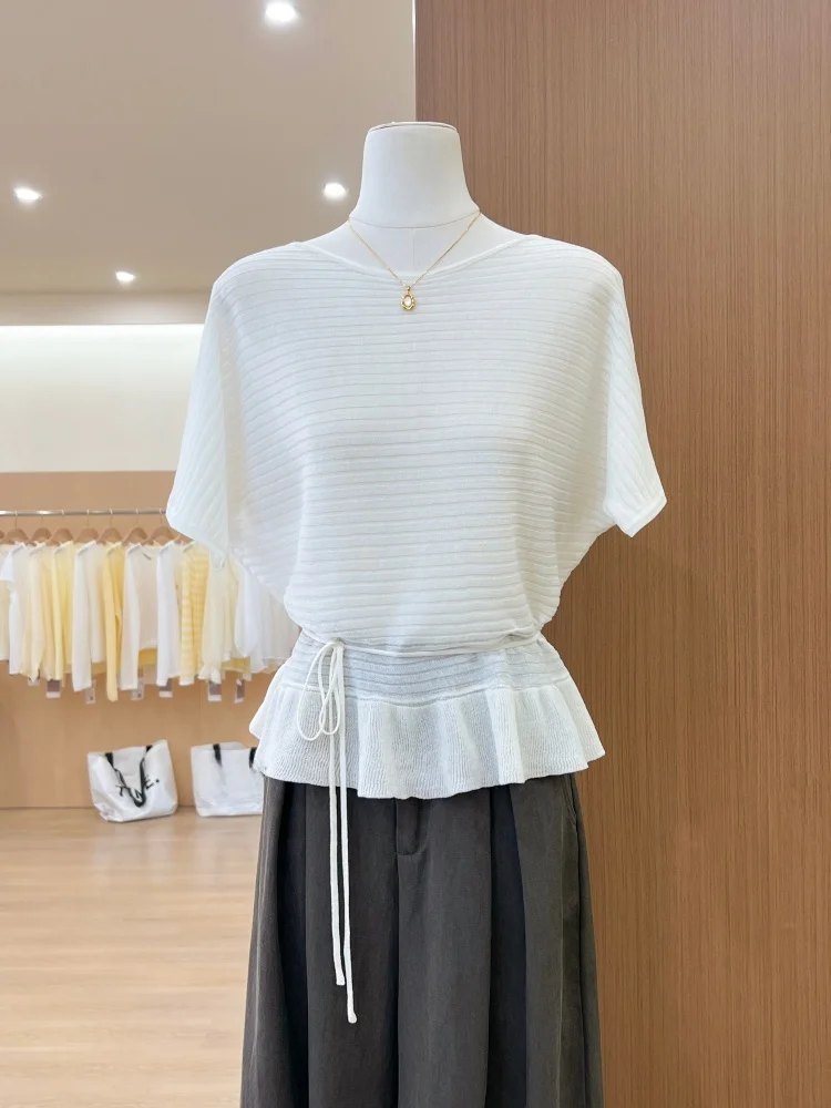 

Summer New Women's Knitted Short Sleeve Shirt with Belt Waist Cinching Lace Trim Self-Preserving Style Korean Version Straigh...