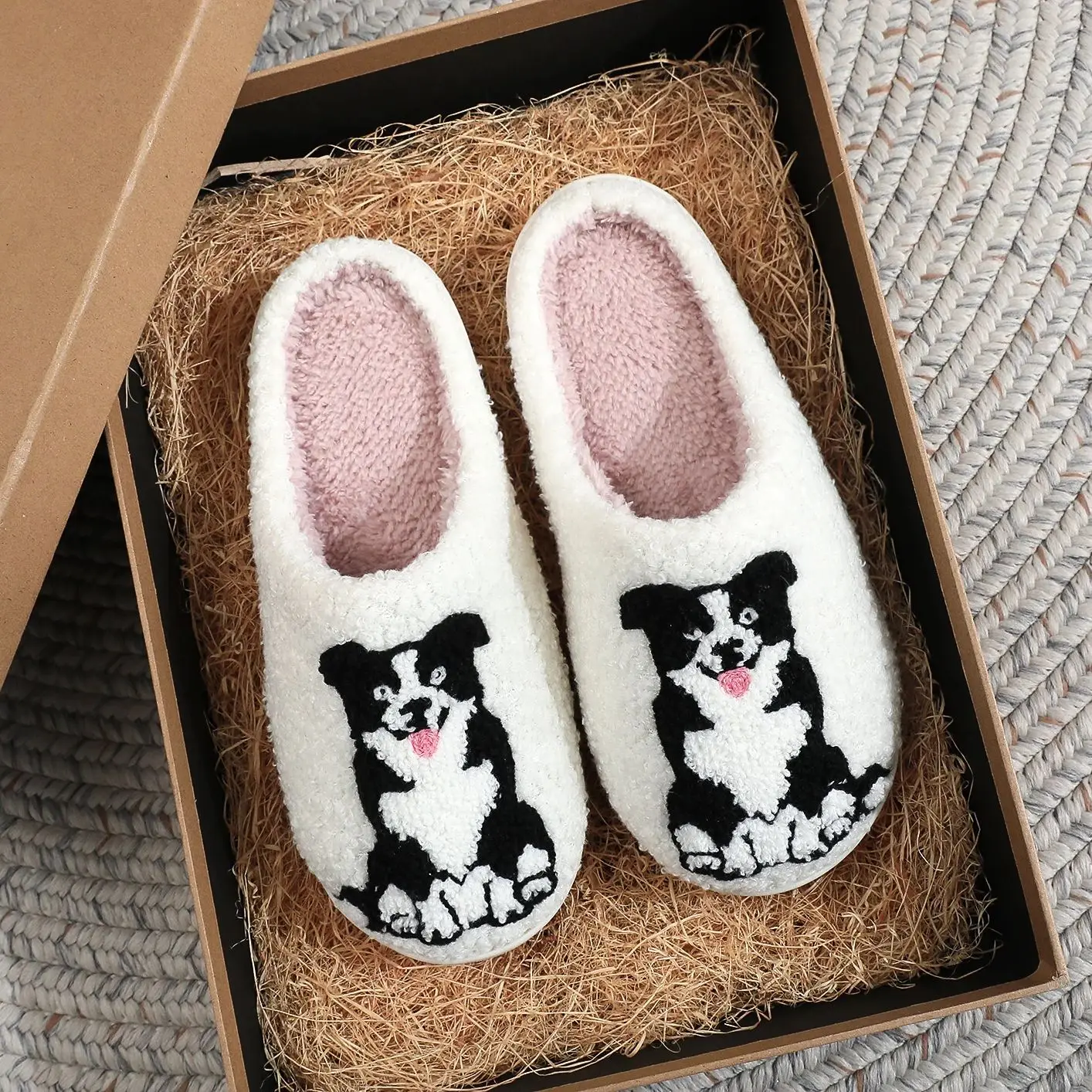 Women'S Shoes Hush Puppies - Border Collie Köpek Desenli Nakışlı Peluş