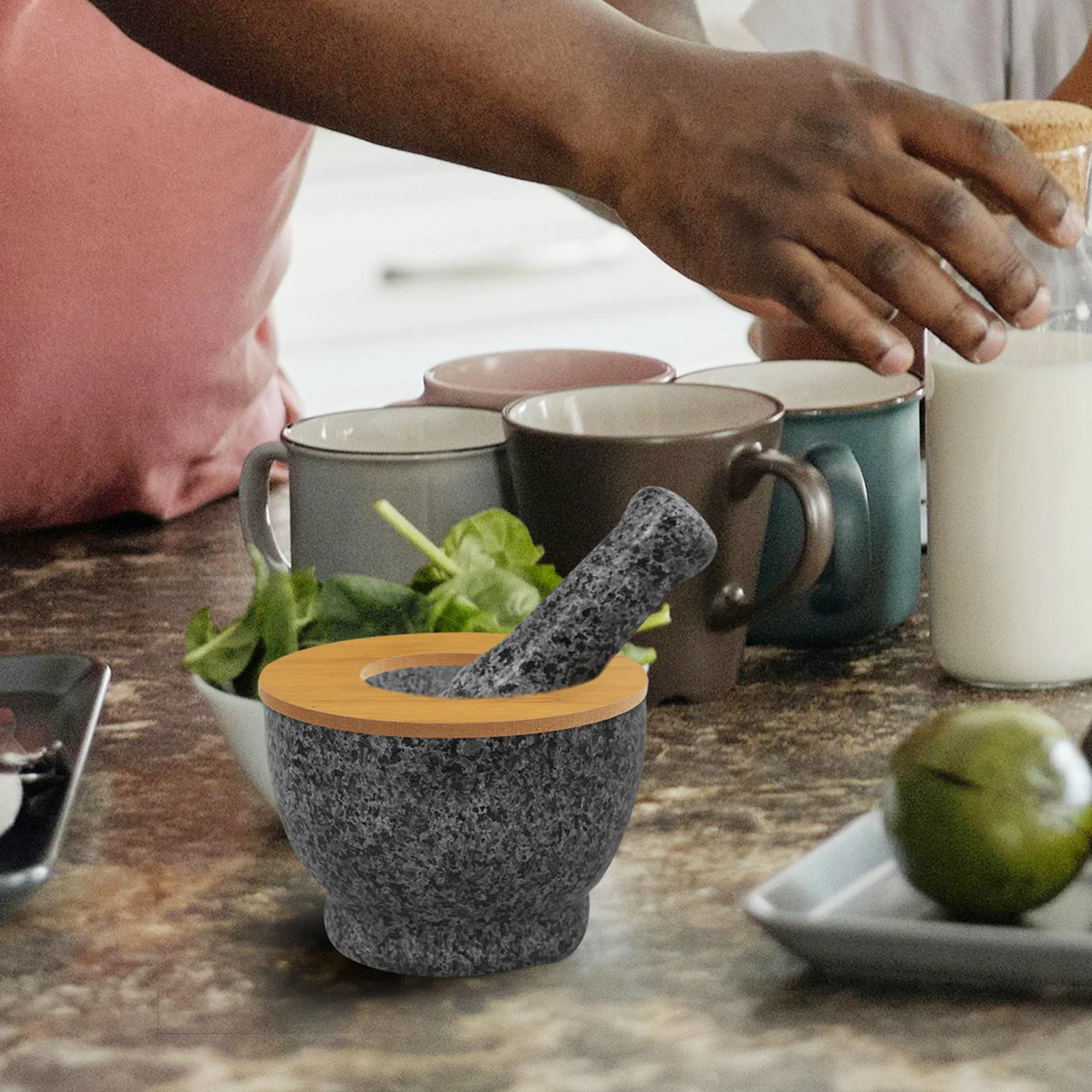 

4Pcs Reusable Grinding Bowl Lid Set Eco-Friendly Bamboo Material Splash Proof Garlic Mashing Lid Compact Design for Small