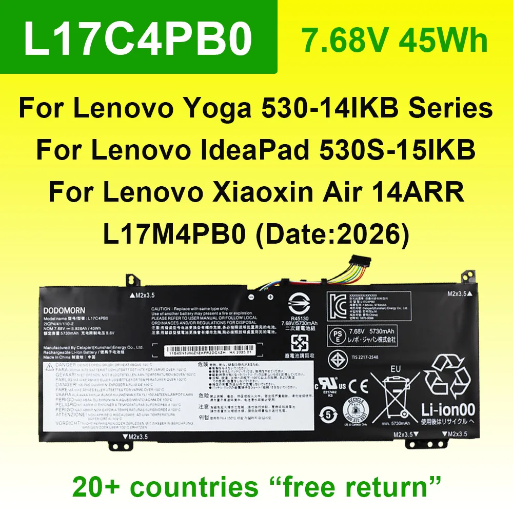 DODOMORN For Lenovo Xiaoxin Air 14ARR 15ARR IdeaPad 530S-14IKB 15IKB Yoga 530 L17M4PB0 L17C4PB0 5B10Q16066 Laptop Battery OEM